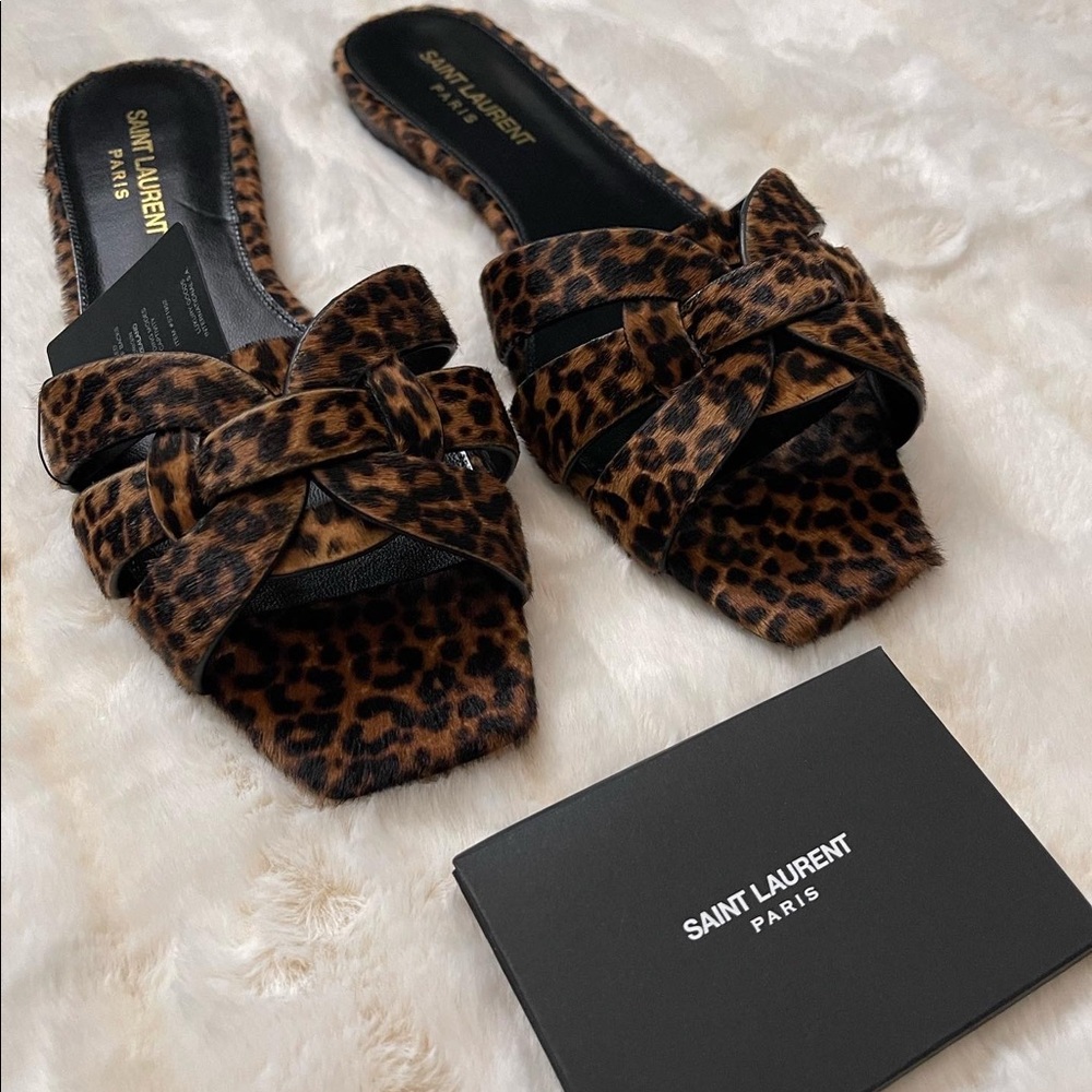 Saint Laurent Leopard-Print Knotted Slide Sandals - Brown/Black - Picture 5 of 9